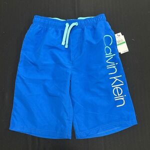 Calvin Klein Boys Blue Swim Trunks Board Shorts Logo Size L 14/16 NEW